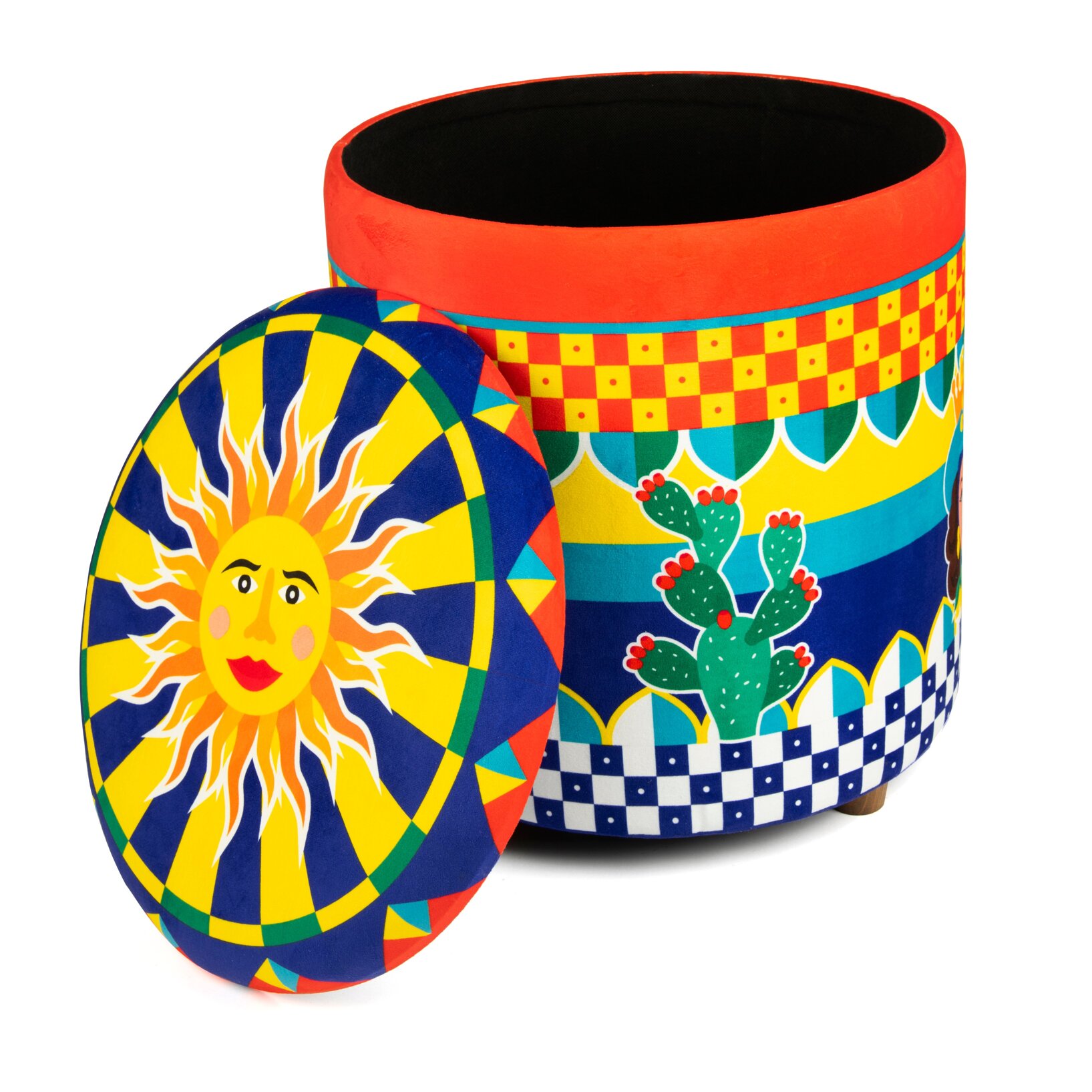 Pouf contenitore Excelsa Sicilian Rhapsody in velluto e legno 39x39x43 cm multicolore