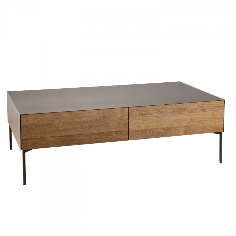 MADISON - Table basse rectangulaire 111x60cm 2 tiroirs bois Teck recyclé métal et pieds métal gris anthracite