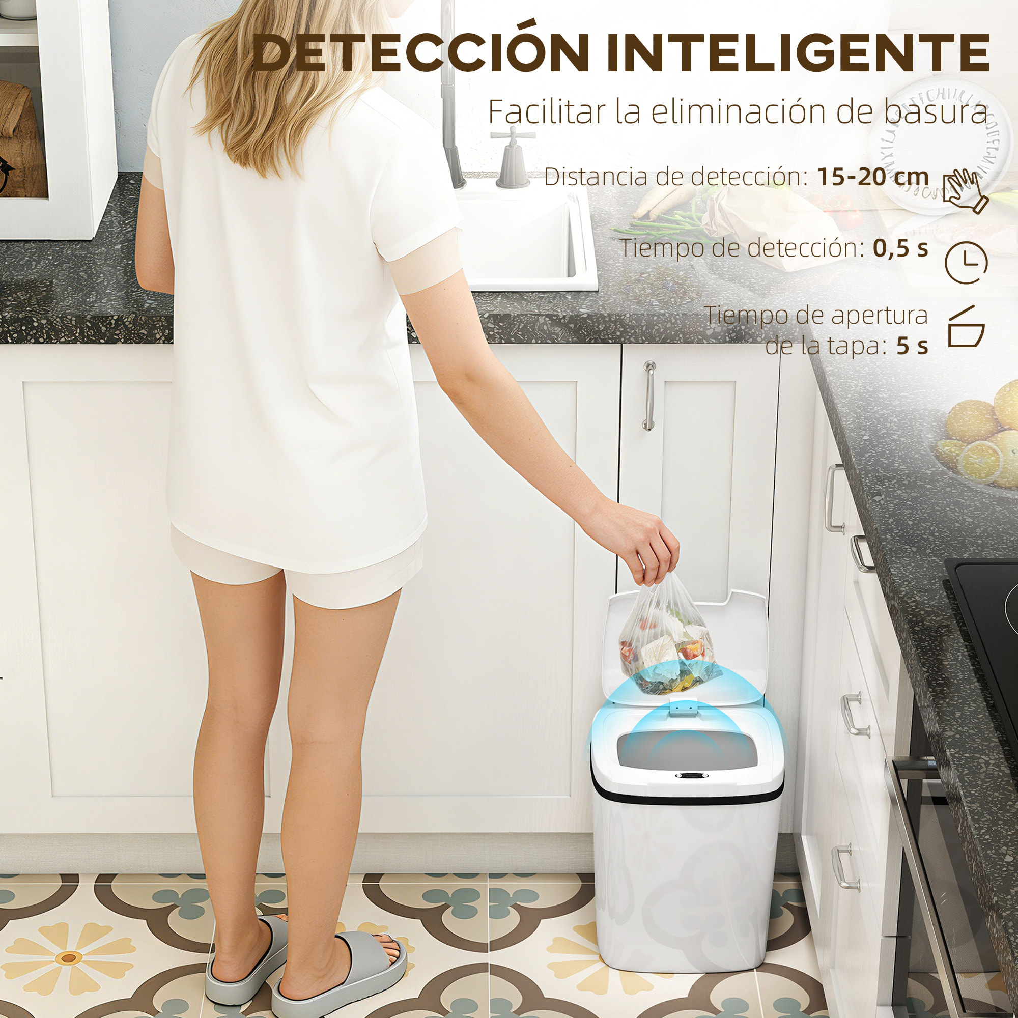 Cubo de Basura Cocina Automático 15 L, Papelera de Cocina con Sensor Infrarrojo y Modo Manual, Anillo de Retención, Antihuellas, para Oficina, Hogar, Blanco