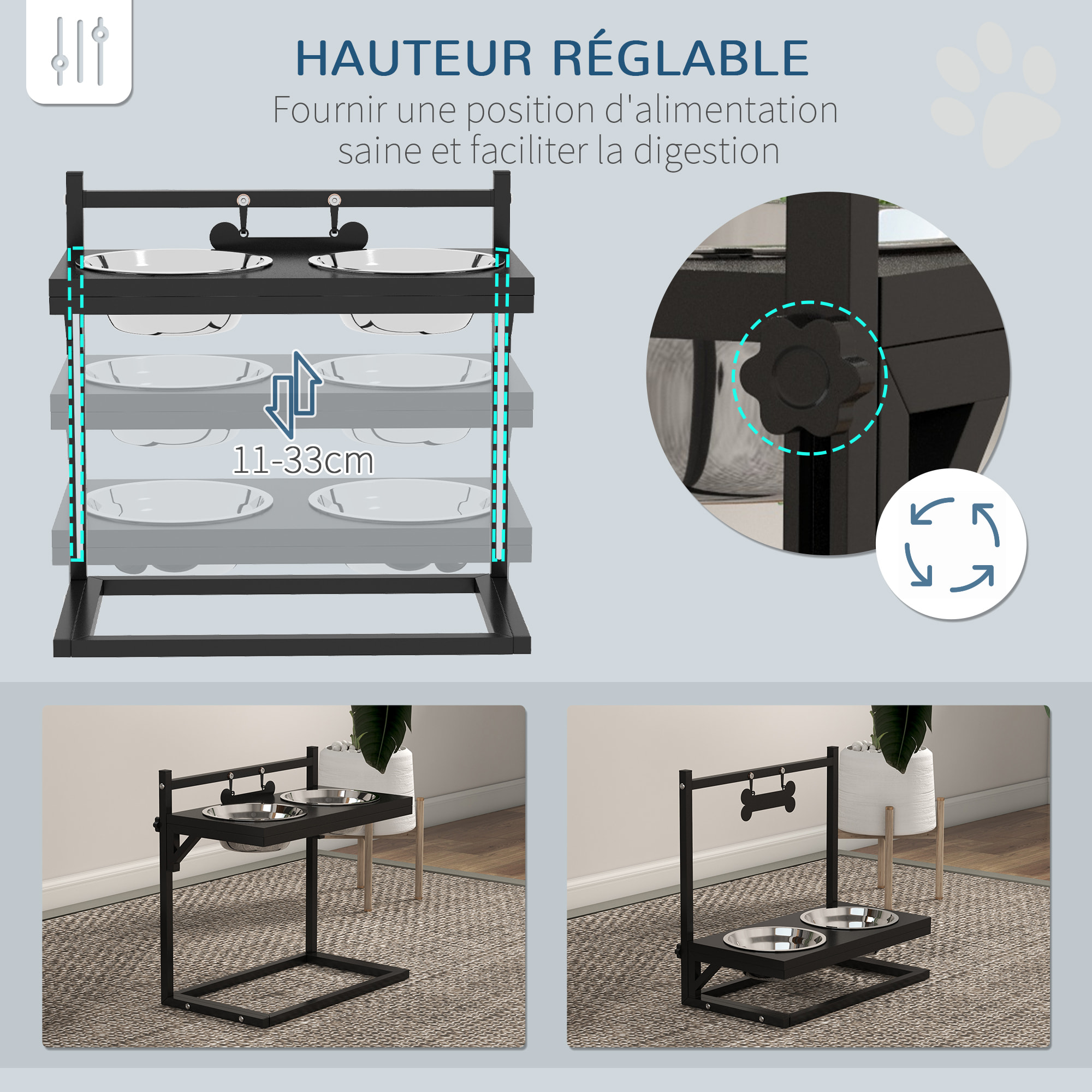 Gamelle double chien porte-gamelles surélevé hauteur réglable 2 gamelles acier inox. incluses métal noir