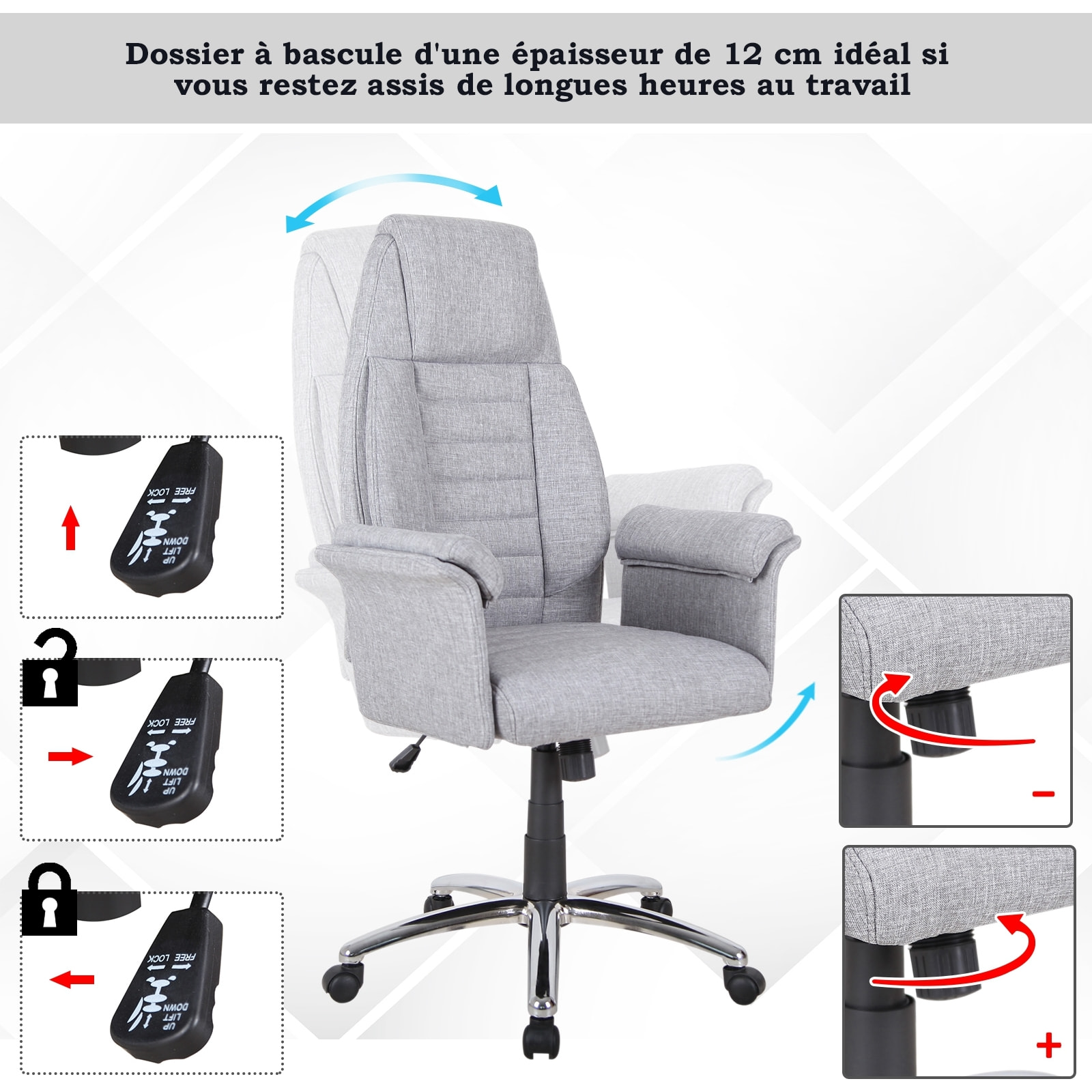 Fauteuil de bureau ergonomique hauteur réglable roulettes pivotantes 69 x 68 x 126 cm gris