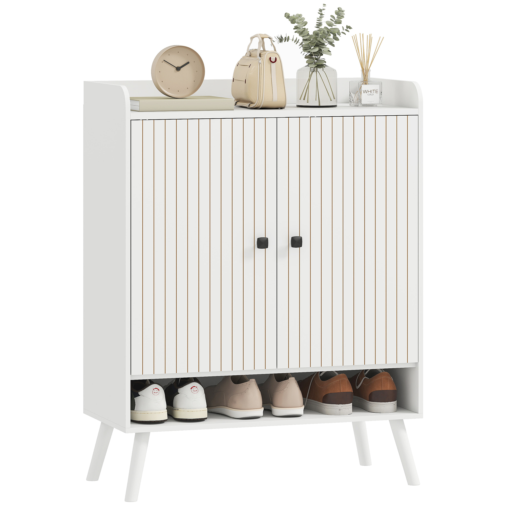 Zapatero de 2 Puertas en Lamas, Zapatero Entrada Recibidor con Estantes Ajustables, Compartimento Abierto, para 15 Pares de Zapatos, 75x35x97 cm, Blanco