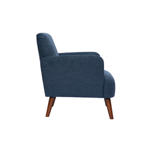 Fauteuil scandinave en tissu effet velours texturé bleu foncé et bois foncé ISKO
