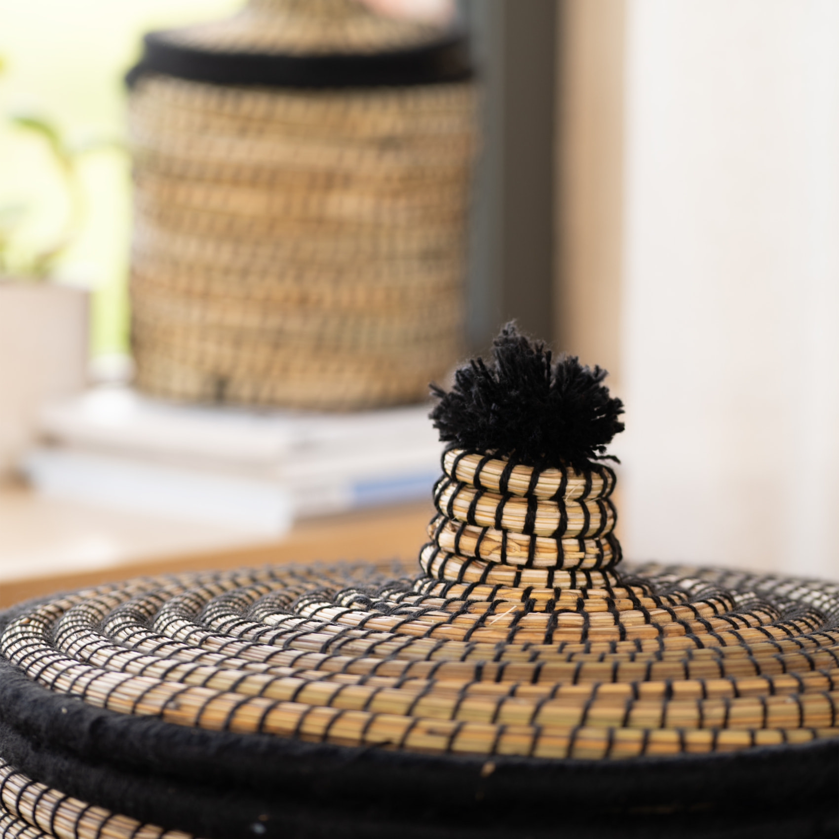 Panier à linge en fibres naturelles et laine - Noir