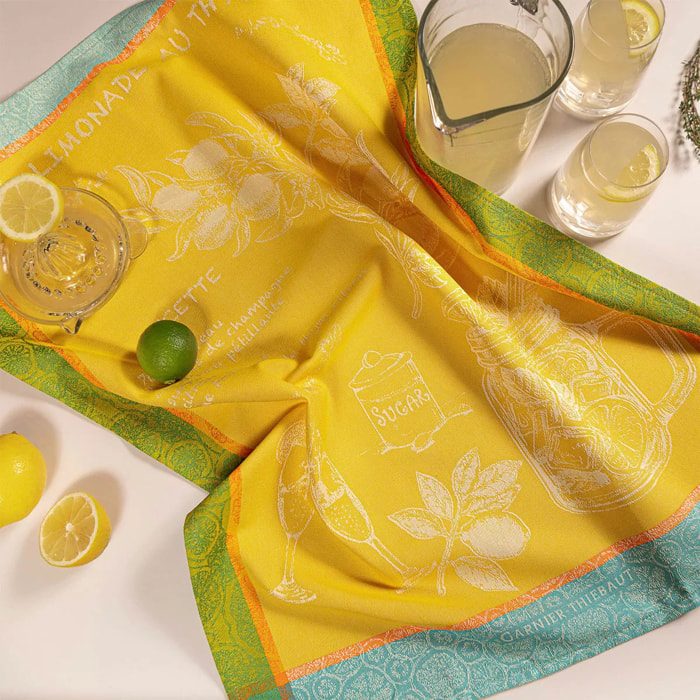 Torchon pur coton motif jacquard jaune Limonade au thym soleil