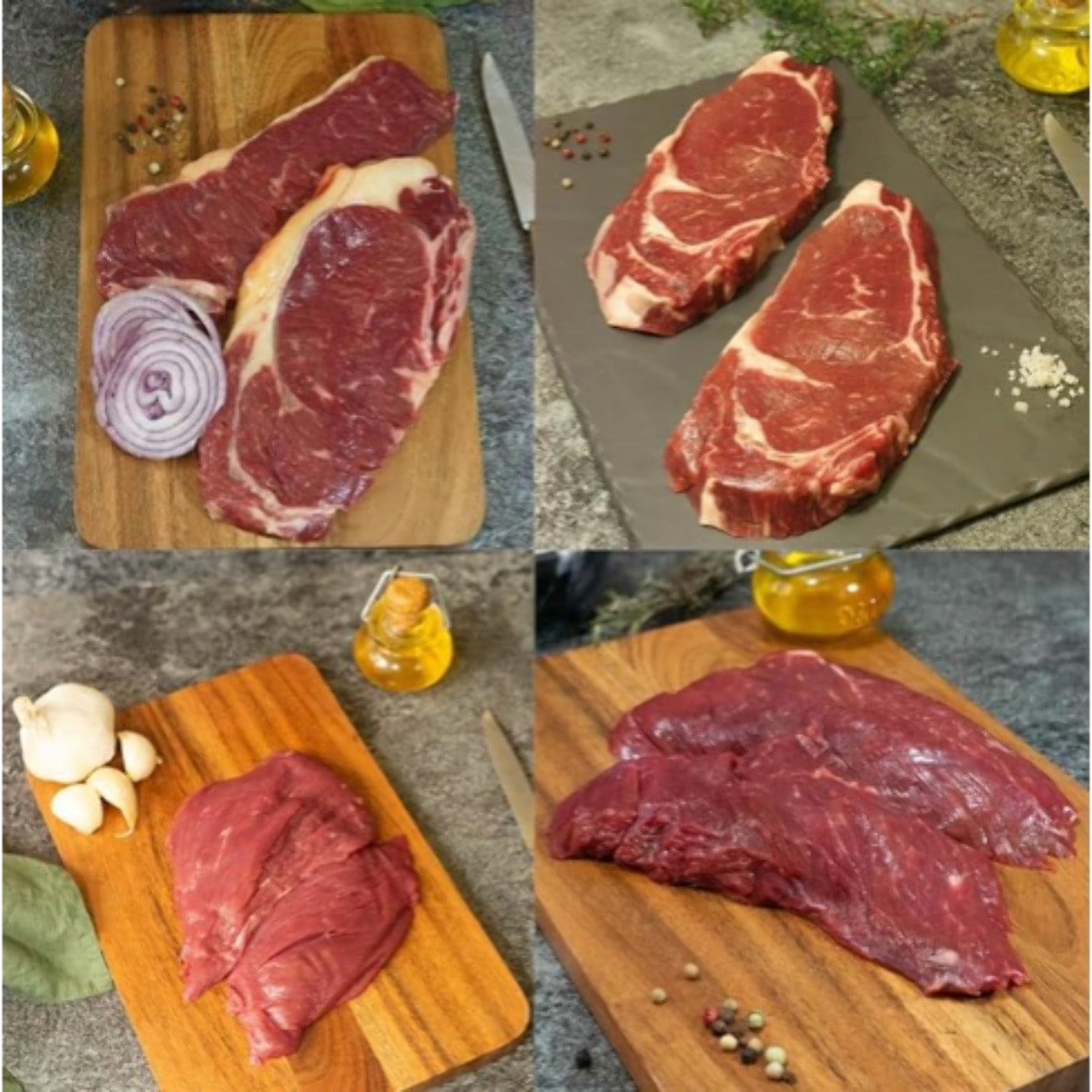 Boeuf Français : 2 steaks, 2 entrecôtes, 2 faux filets, 2 bavettes d'aloyau - 1,280kg