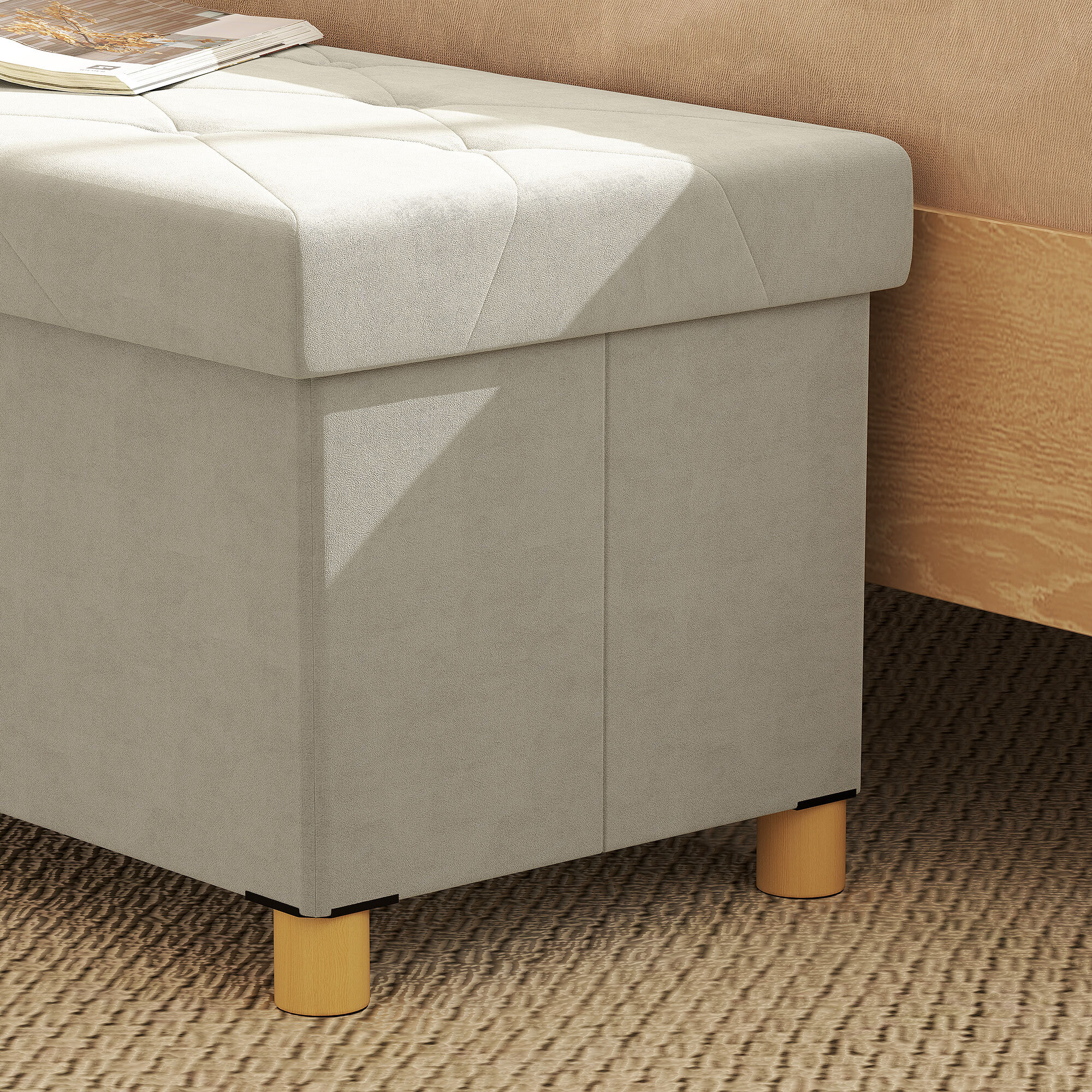 Puff Almacenaje, Banco Almacenaje Plegable, Capacidad de 67 L, 76x38x38 cm, Tapizado en Terciopelo, Baúl de Almacenamiento Dormitorio, Carga 120 kg, para Sala de Estar, Entrada, Crema