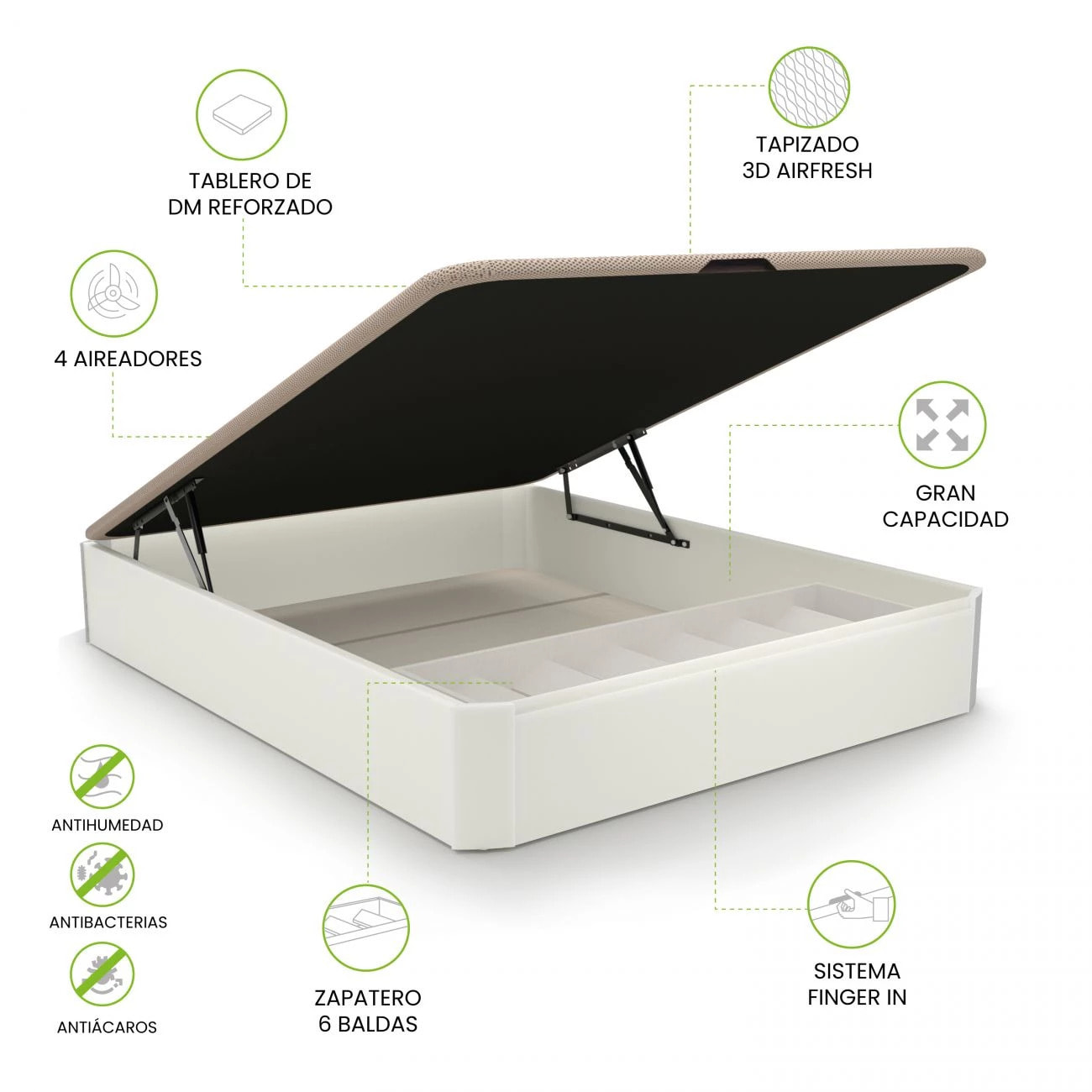 Canapé con zapatero 150x190 cm en blanco Luxury Plus 3D Blanco