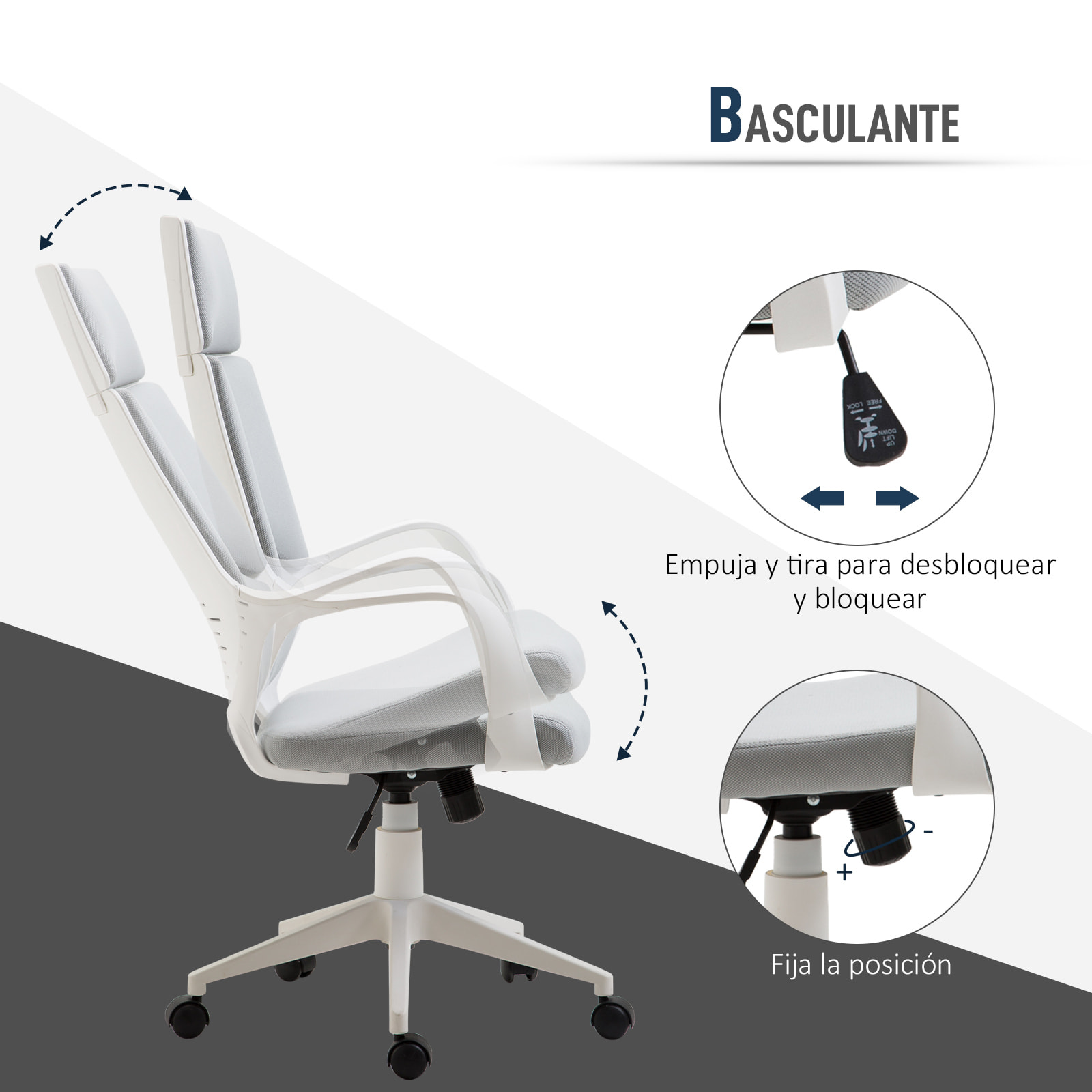 Silla de Oficina Giratoria, Función Basculante, Silla de Escritorio de Malla con Altura Ajustable, Respaldo Alto y Reposabrazos, para Estudio, Dormitorio, Despacho, Carga 120 kg, Gris