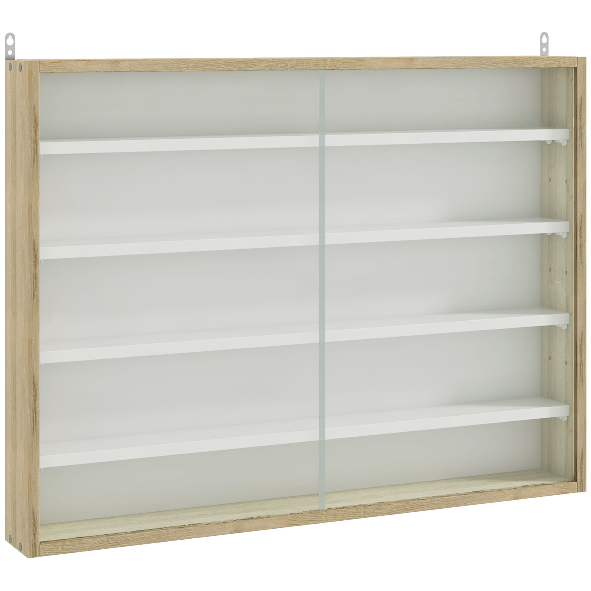 Vitrina Expositora Vitrina de Pared con Estantes Ajustables y 2 Puertas Correderas de Vidrio para Colecciones Perfumes Figuras de Decoración 80x9,5x60 cm Blanco y Natural