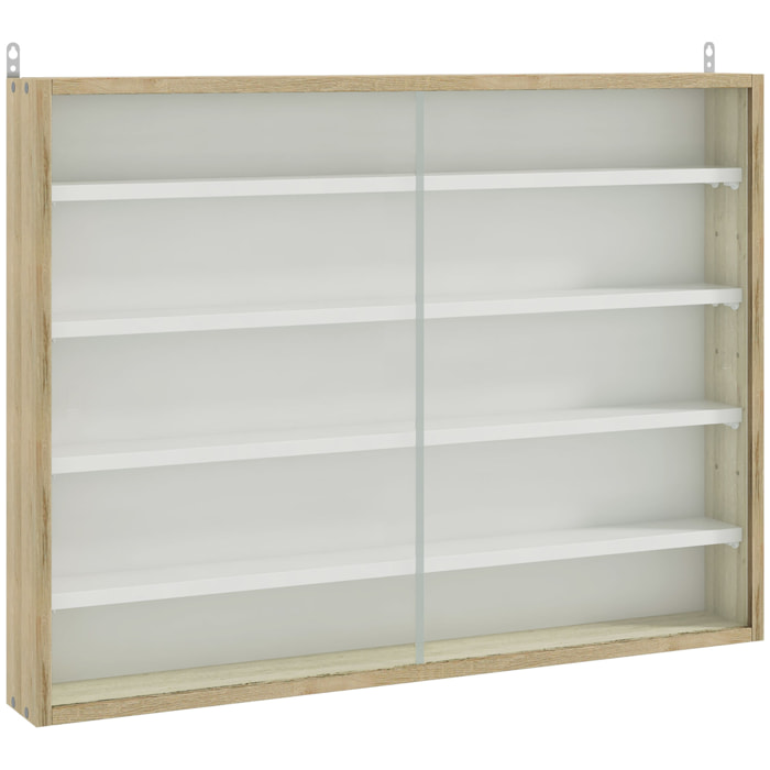 Vitrina Expositora Vitrina de Pared con Estantes Ajustables y 2 Puertas Correderas de Vidrio para Colecciones Perfumes Figuras de Decoración 80x9,5x60 cm Blanco y Natural