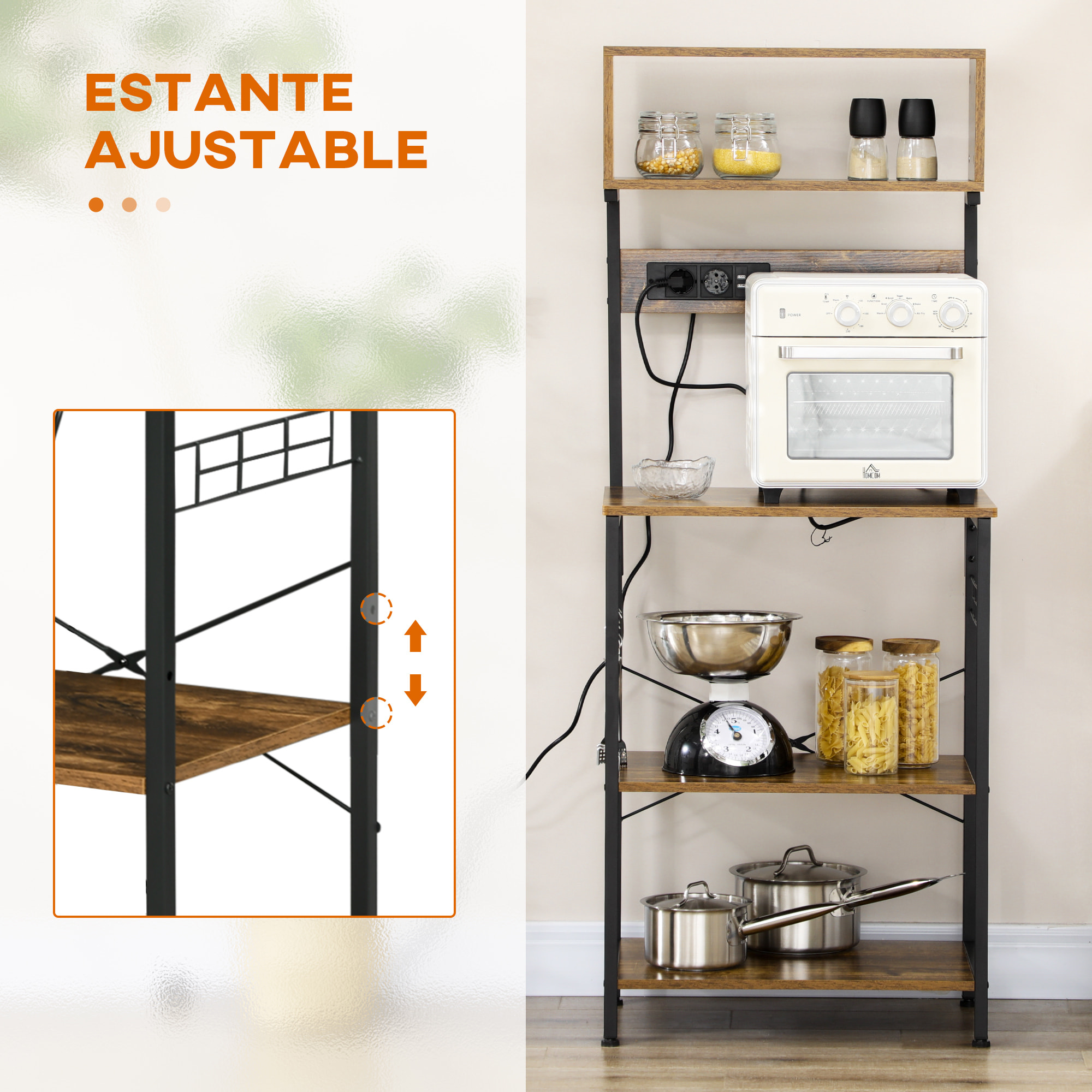 Estantería de Cocina con 2 Cargadores USB Estantería para Microondas Mueble Auxiliar de Cocina con Toma de Corriente 5 Ganchos y Estante Ajustable 60x42x153 cm Marrón Rústico