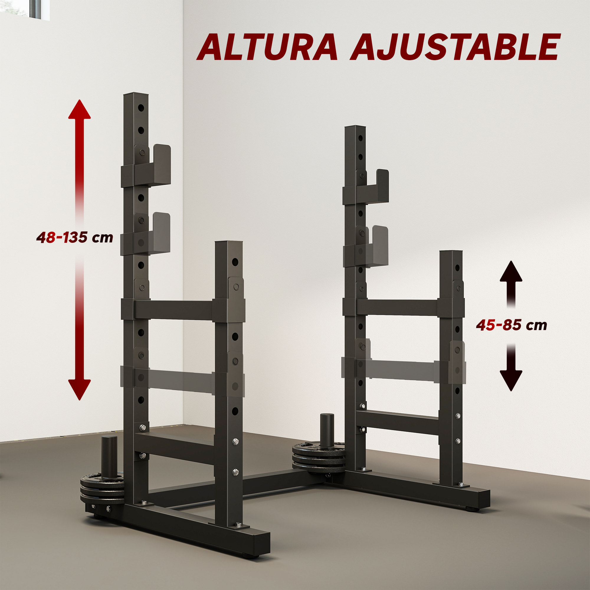 Soporte para Pesas Sentadillas, Soporte Barra Pesas Ajustable con Topes de Seguridad, Rack de Press de Banca Musculación en Casa Gimnasio, Carga 300 kg, Altura Regulable de 48-135/45-85 cm