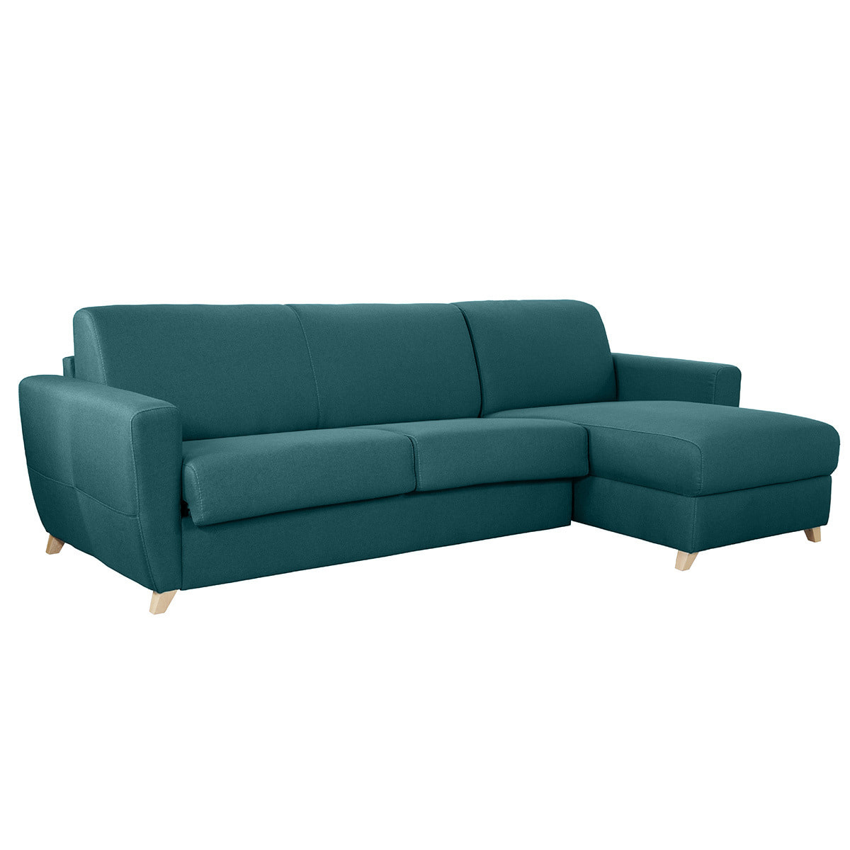 Canapé d'angle convertible réversible avec coffre 4 places en tissu bleu canard et bois clair GRAHAM