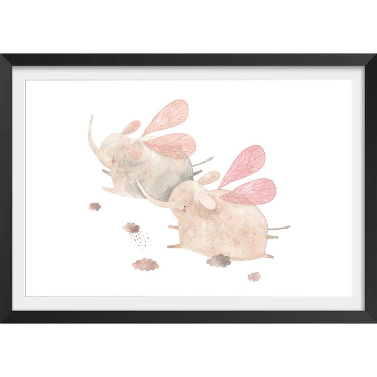 Affiche enfant elephants libellule  Affiche + cadre en bois - Noir