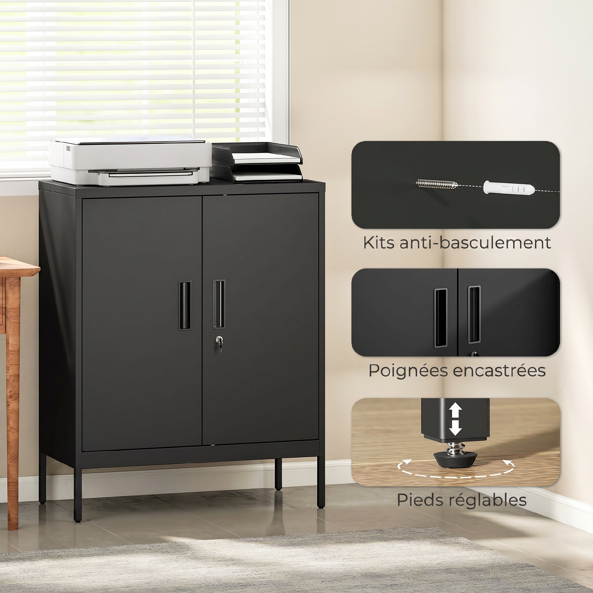 Armoire métallique de bureau verrouillable 2 portes 2 étagères noir