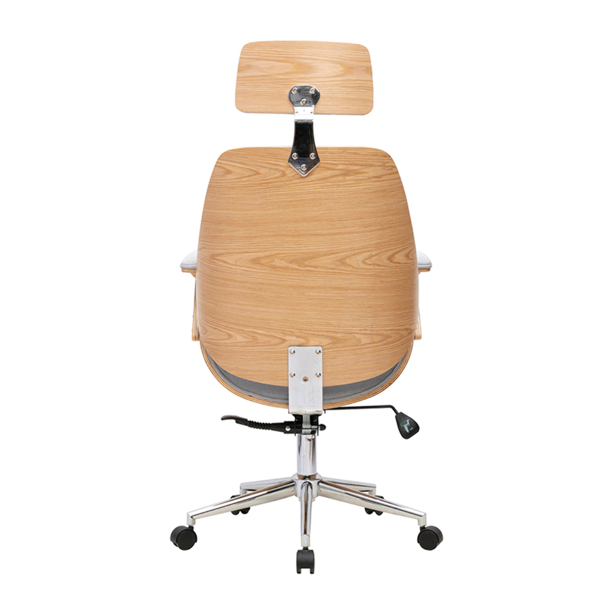 Fauteuil de bureau de direction design en tissu gris, bois clair et acier chromé MUSK