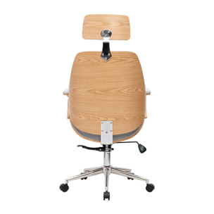 Fauteuil de bureau de direction design en tissu gris, bois clair et acier chromé MUSK