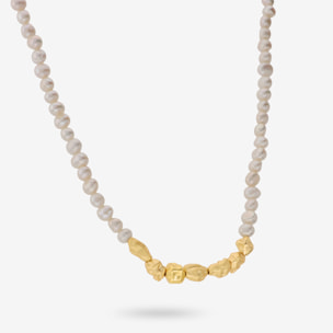 Collana Girocollo con Pepite Martellate e Perle d'Acqua Dolce Bianche