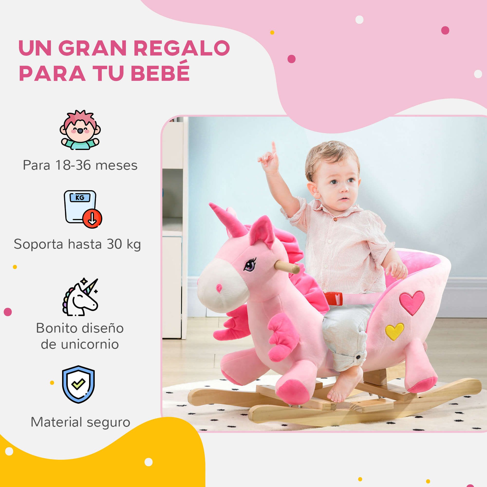 Caballito Balancín para Bebés 18-36 Meses Caballo Balancín en Forma de Unicornio con Música Cinturón de Seguridad Manillar y Reposapiés Carga 30 kg 65x35x45 cm Rosa