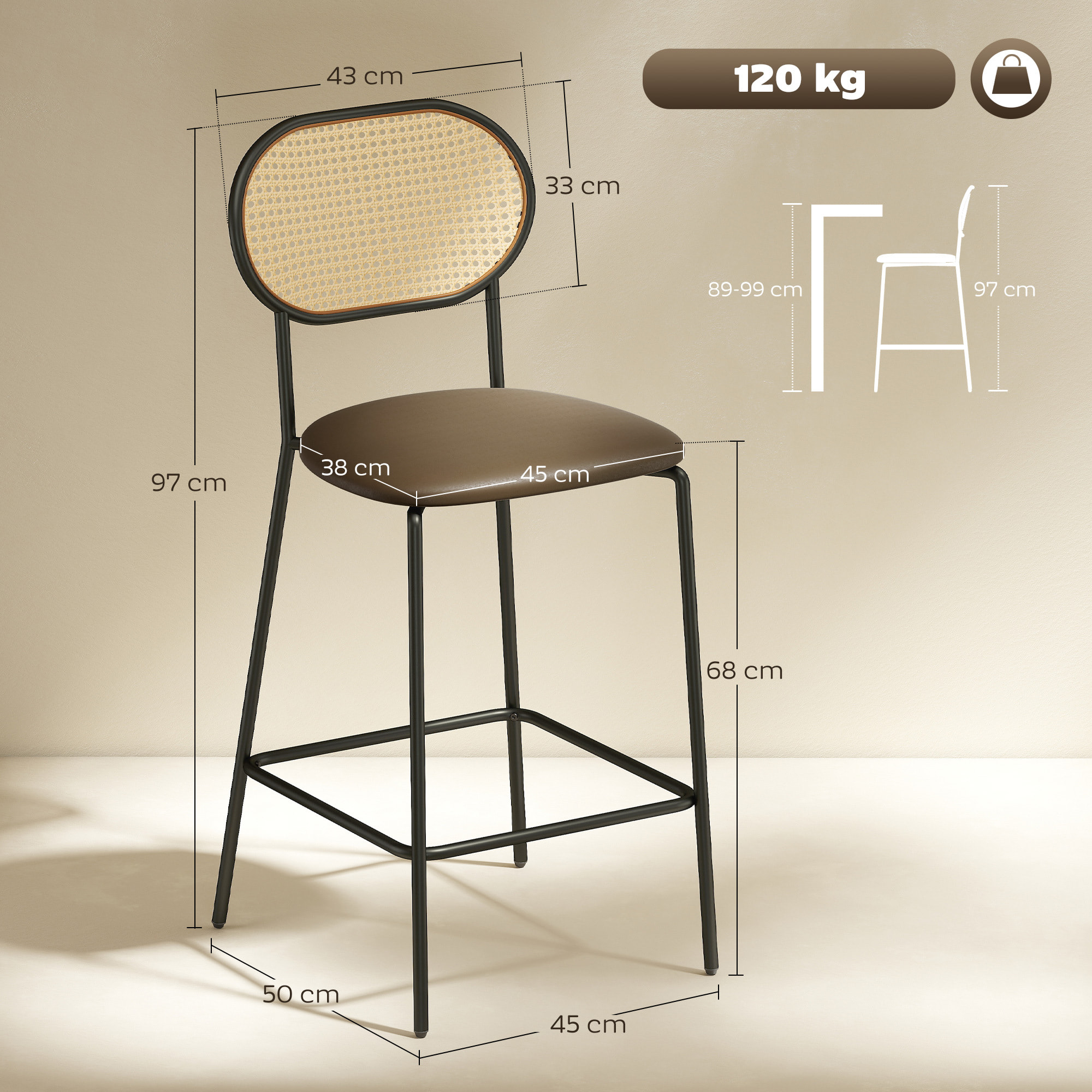 Juego de 2 Taburetes de Bar Taburetes Altos de Cocina con Respaldo de Ratán Asiento de PU Marco de Acero y Reposapiés para Comedor Mostrador 45x50x97 cm Marrón