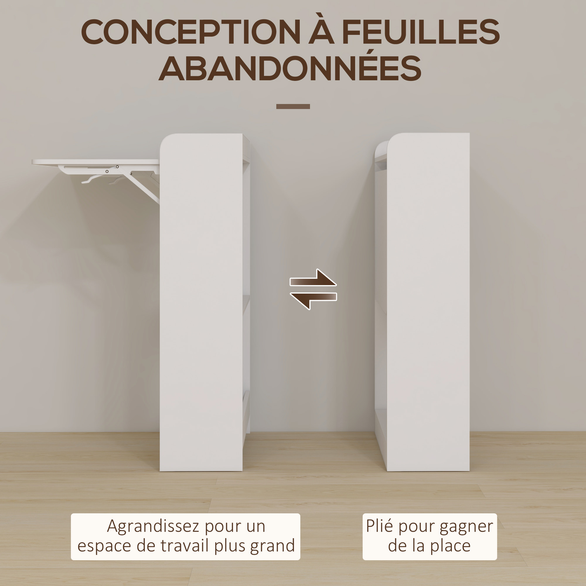 Bureau mural pliable d'appoint table murale rabattable suspendue avec bibliothèque 3 étagères panneaux blanc