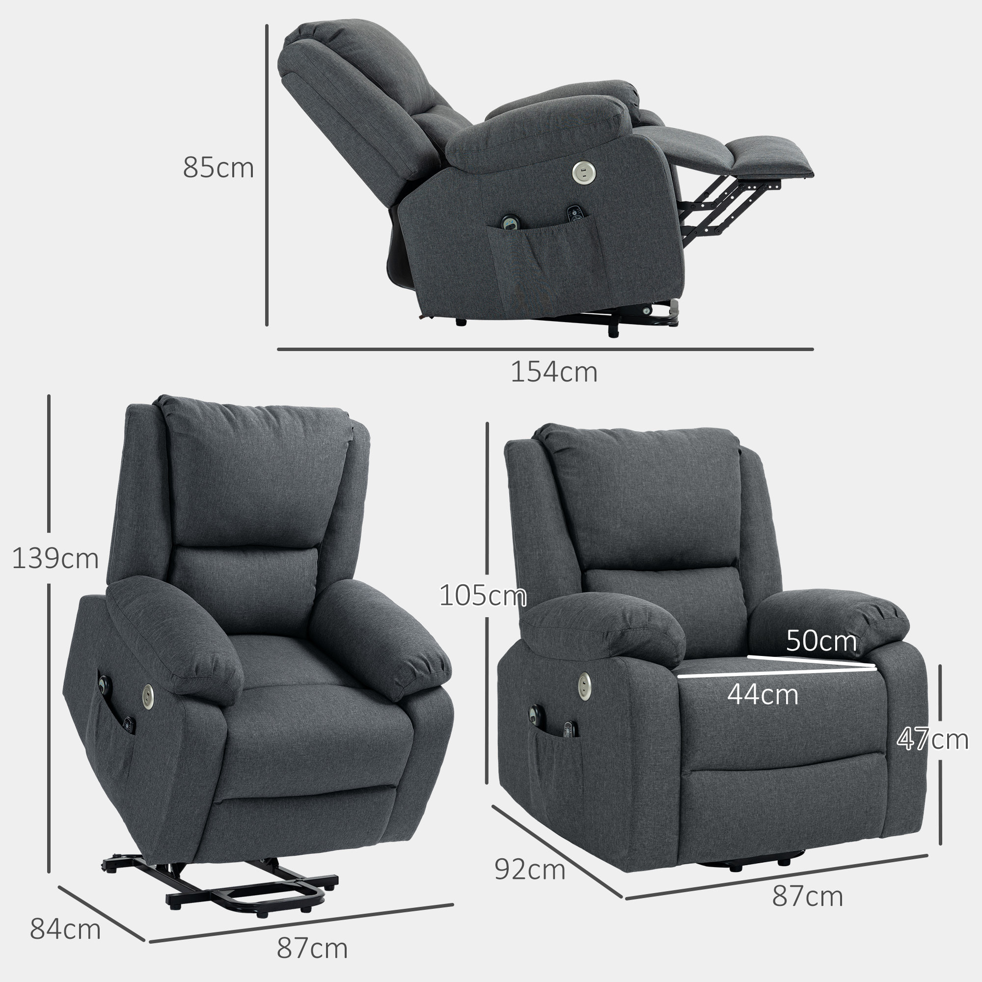 Fauteuil releveur relax massant électrique réglable - fonction chauffante, repose-pied, ports USB, télécommandes - tissu gris