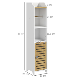 Armario de Baño Moderno Columna Auxiliar de Baño Mueble de Suelo de Baño con Estantes 1 Puerta y Portarrollos de Papel para Dormitorio Sala 18x20x90 cm Blanco y Roble