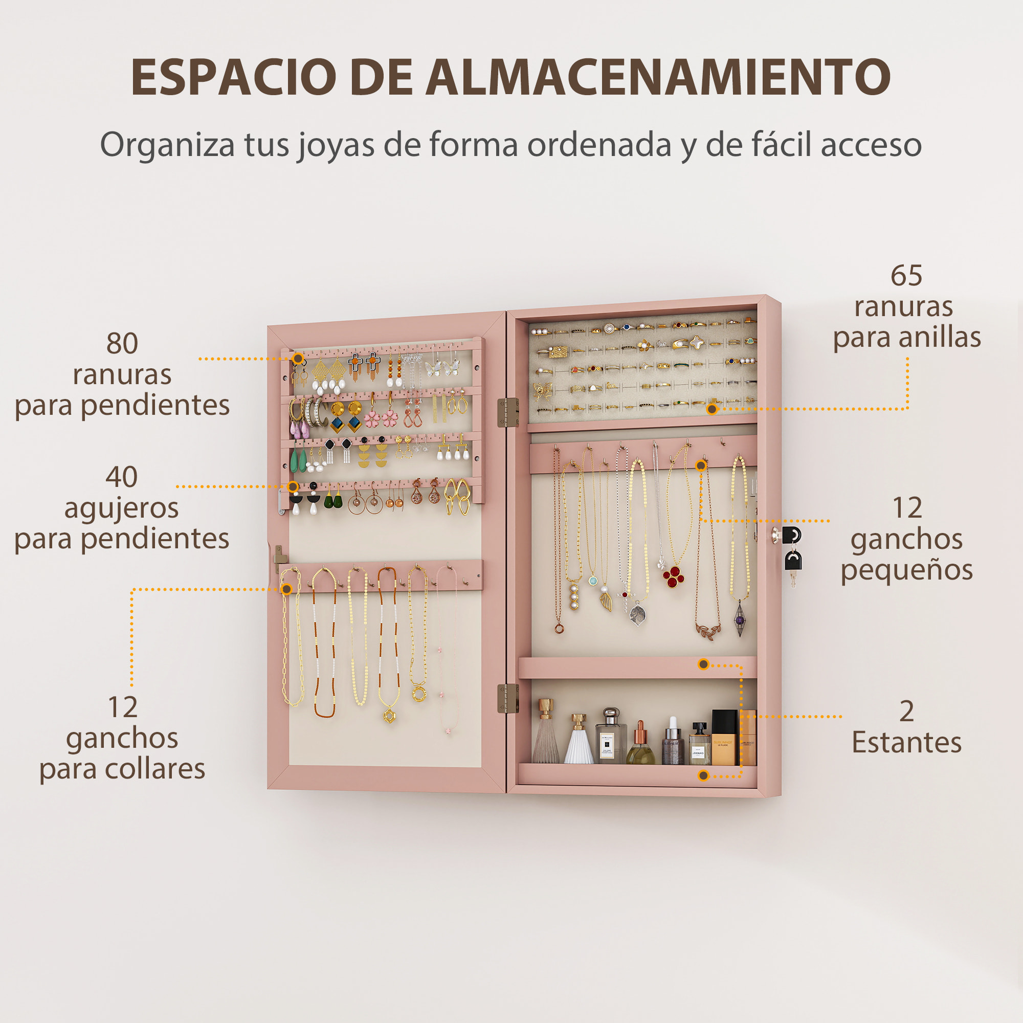 Espejo Joyero de Pared Armario para Joyas con Cerradura y Varios Compartimentos Montar en Pared o Puerta para Pendiente Collar Anillo Pulsera Rosa y Forro Beige