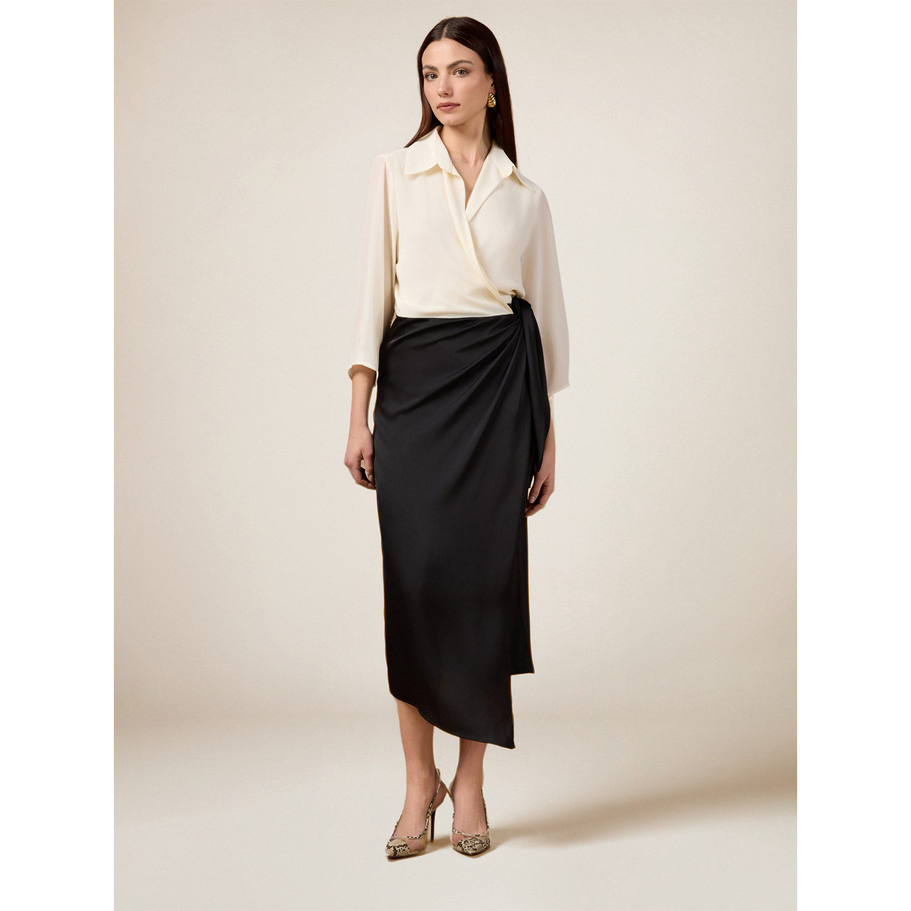 Oltre - Vestido bimaterial con falda cruzada - Negro