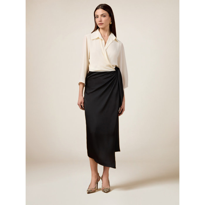 Oltre - Vestido bimaterial con falda cruzada - Negro