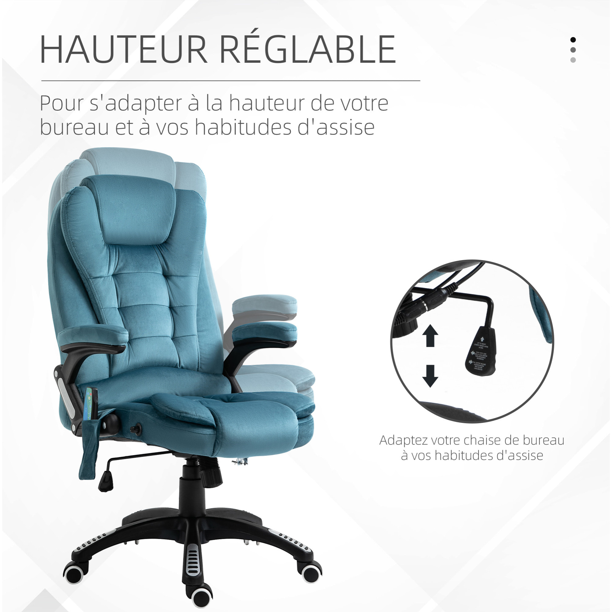 Fauteuil de bureau direction massant chauffant hauteur réglable dossier inclinable toile de lin bleu