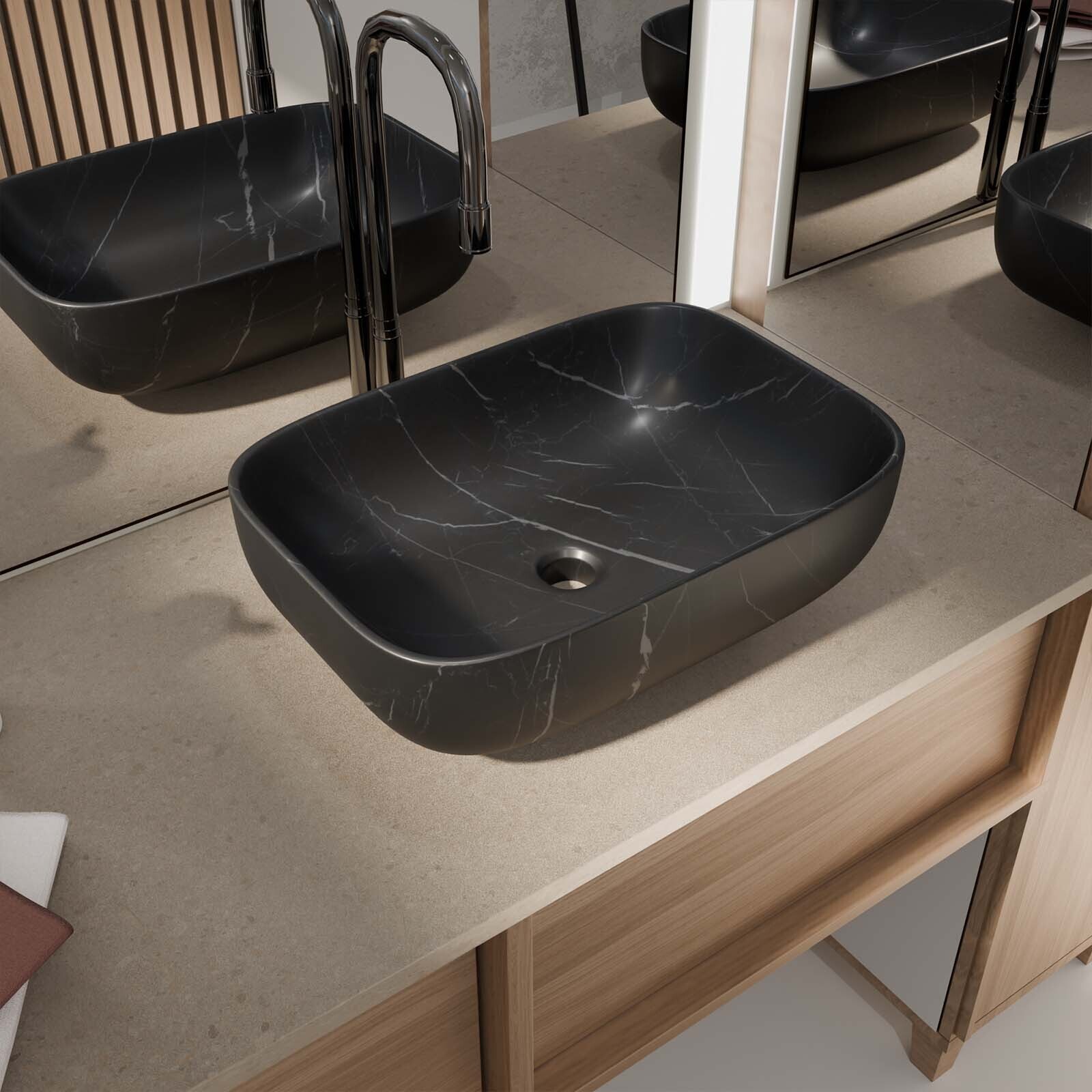 Vasque à poser rectangulaire en céramique noire mat effet marbre 46x32x13.5 cm - BLACK MARBLE