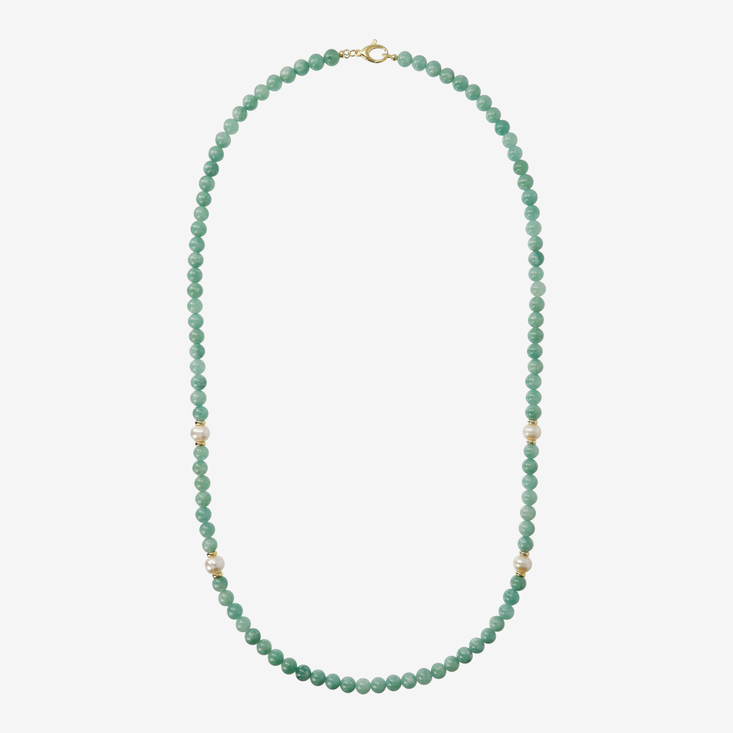 Collana Lunga con Quarzite Verde e Perle d'Acqua Dolce Bianche Ø 9/10 mm in Argento 925 placcato Oro giallo 18kt