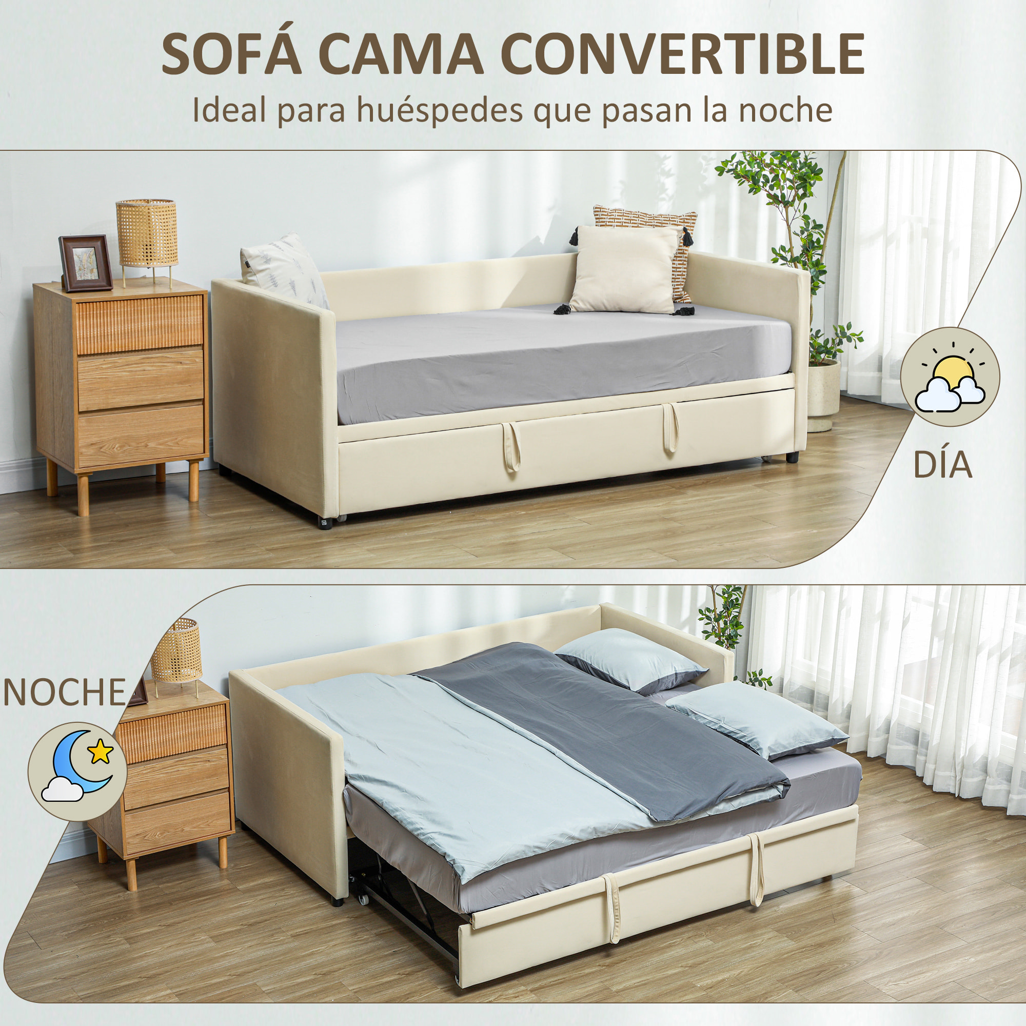 Cama Nido Tipo Diván 2 en 1 con Base Metálica Tapizado Suave y Cama Inferior Extraíble con Ruedas para Colchones de 90x190 cm Beige