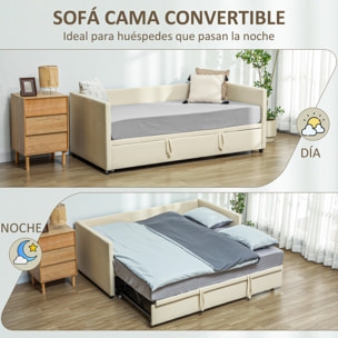 Cama Nido Tipo Diván 2 en 1 con Base Metálica Tapizado Suave y Cama Inferior Extraíble con Ruedas para Colchones de 90x190 cm Beige