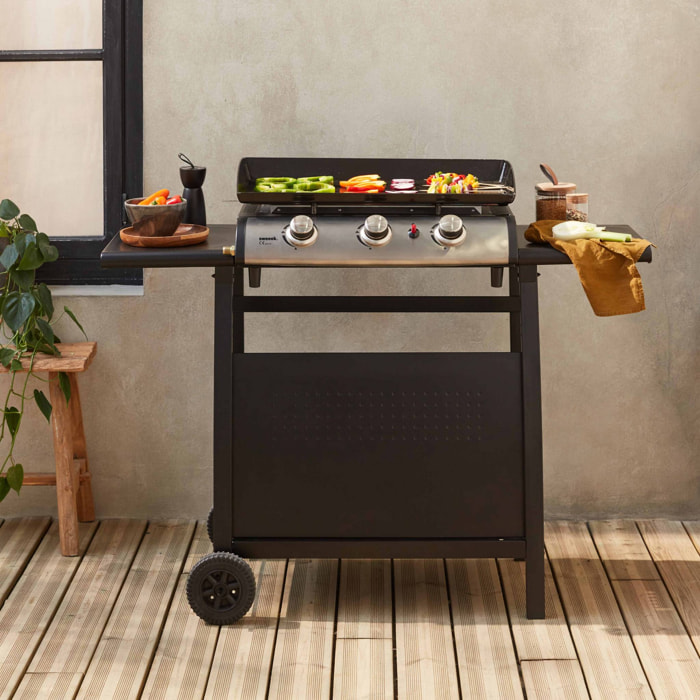 Plancha au gaz 3 brûleurs sur chariot - Porthos - 7.55kW. plancha à gaz avec desserte . cuisine extérieure. plaque émaillée. inox. barbecue