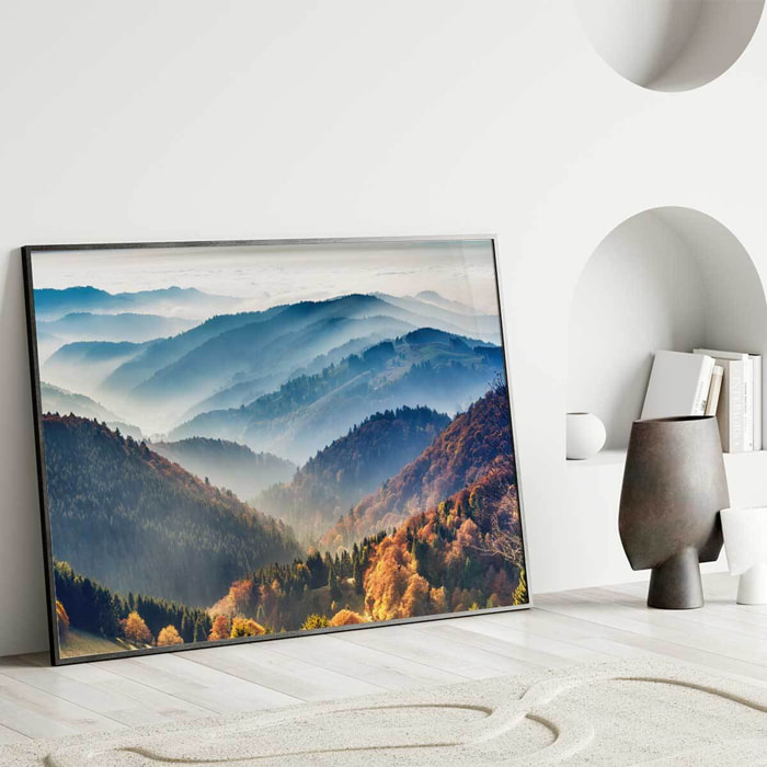 Affiche encadrée Vallée et montagnes dans la brume Affiche + cadre en métal - Noir