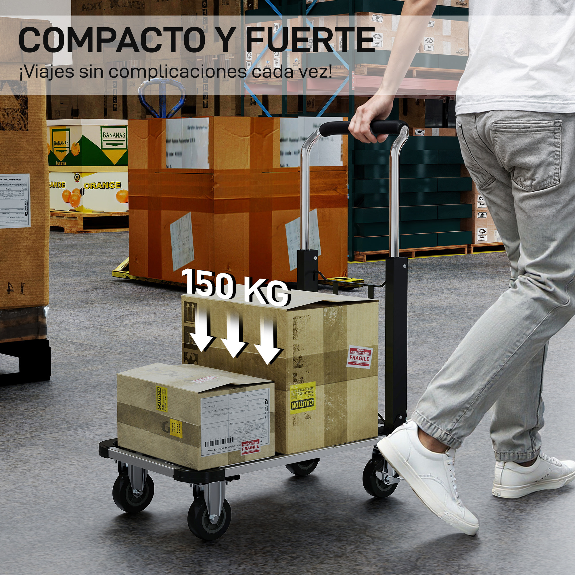 Carretilla Plegable de Aluminio con Ruedas, Carga 150 kg, Carretilla de Mano Robusta con Plataforma Extensible y Mango Ajustable, para Garaje, Oficina, Equipaje, Viajes y Compras, Plata y Negro