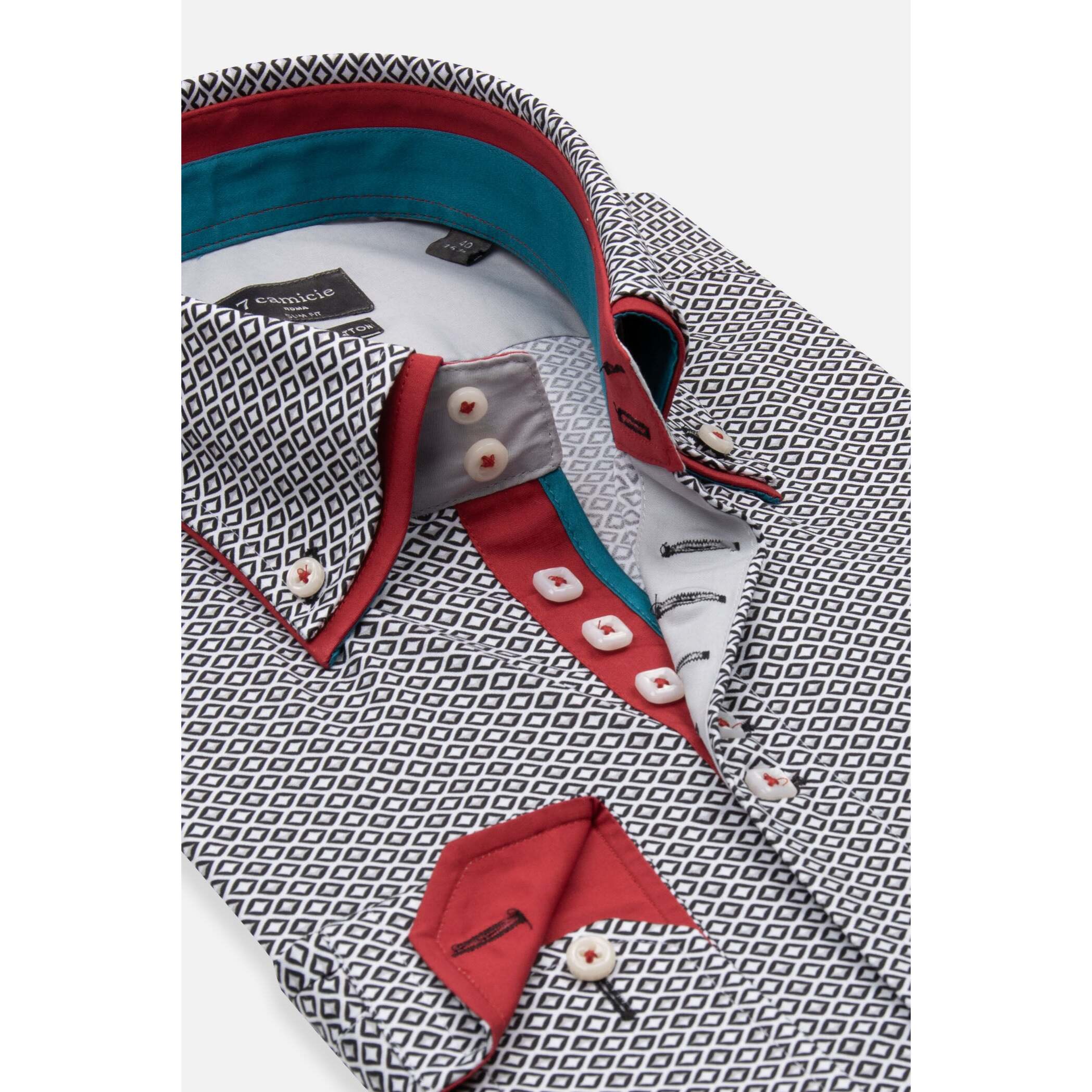 Camicia Uomo 2 Bottoni Button Down 7bottoni Doppio Coll Popeline Stretch Stampato Bianco/Nero