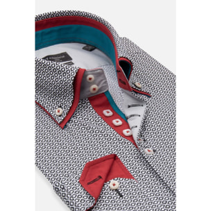 Camicia Uomo 2 Bottoni Button Down 7bottoni Doppio Coll Popeline Stretch Stampato Bianco/Nero