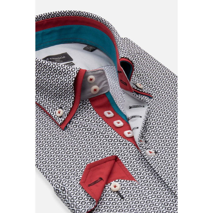Camicia Uomo 2 Bottoni Button Down 7bottoni Doppio Coll Popeline Stretch Stampato Bianco/Nero