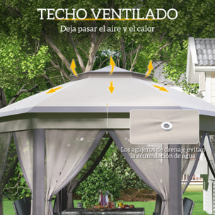 Carpa Plegable 4x3,4 m, Cenador de Jardín Hexagonal con Doble Techo, 6 Mosquiteras Extraíbles y Bolsa de Transporte, Impermeable, Anti-UV para Exterior, Fiestas, Marrón y Beige