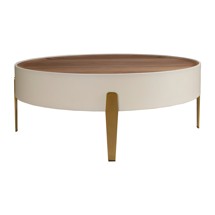 Mesa centro redonda en madera de MDF en beige y tapa de madera chapada en nogal natural 92x92x35cm