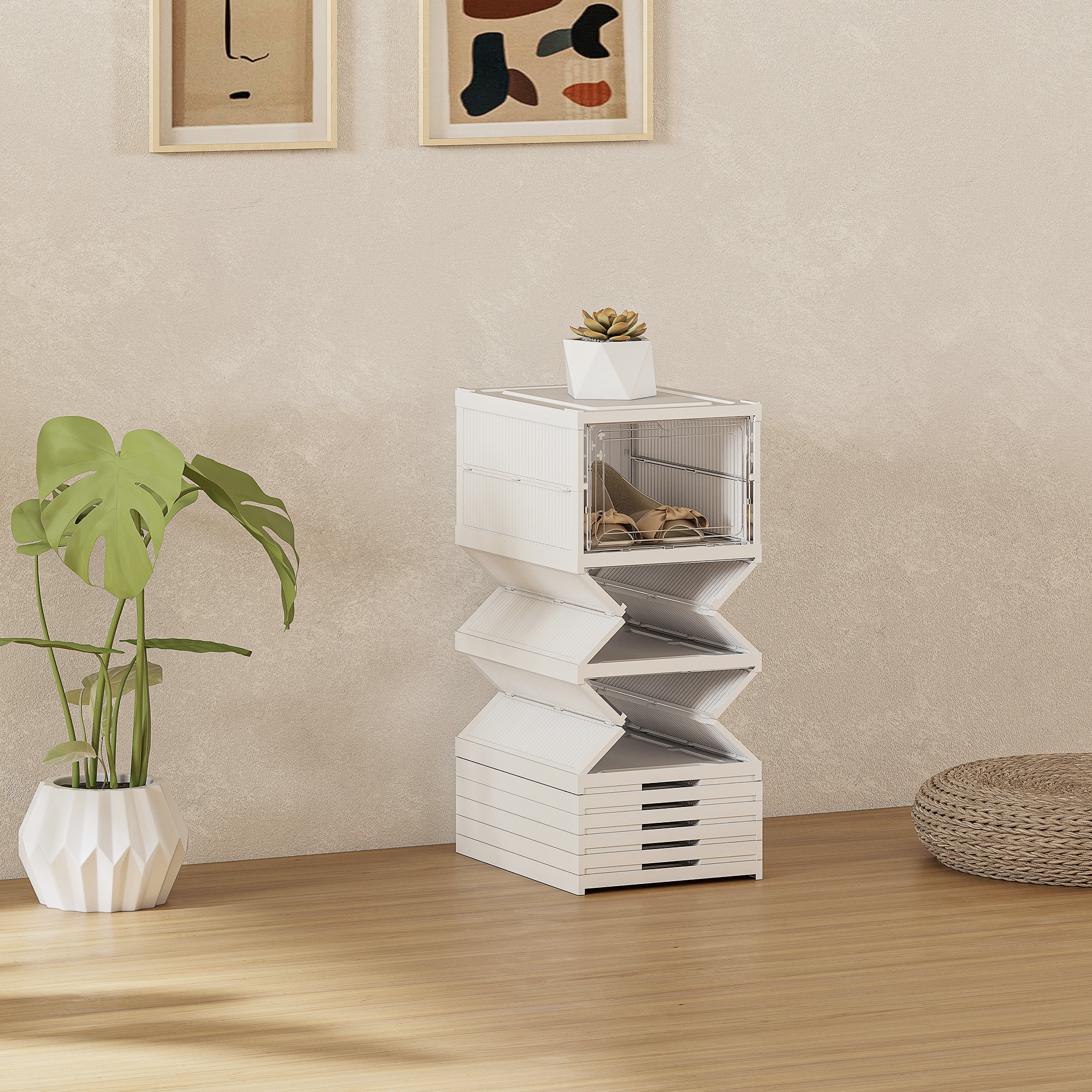Cajas para Zapatos Apilables, Juego de 8 Organizadores para Zapatos Portátil, Zapatero Plegable con Puertas Transparentes, hasta Talla 43, No Requiere Montaje, Blanco