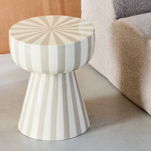 Table d'appoint. bout de canapé. table de chevet. acier émaillé rayures bicolore. gris beige et blanc. Ø34 x H41cm