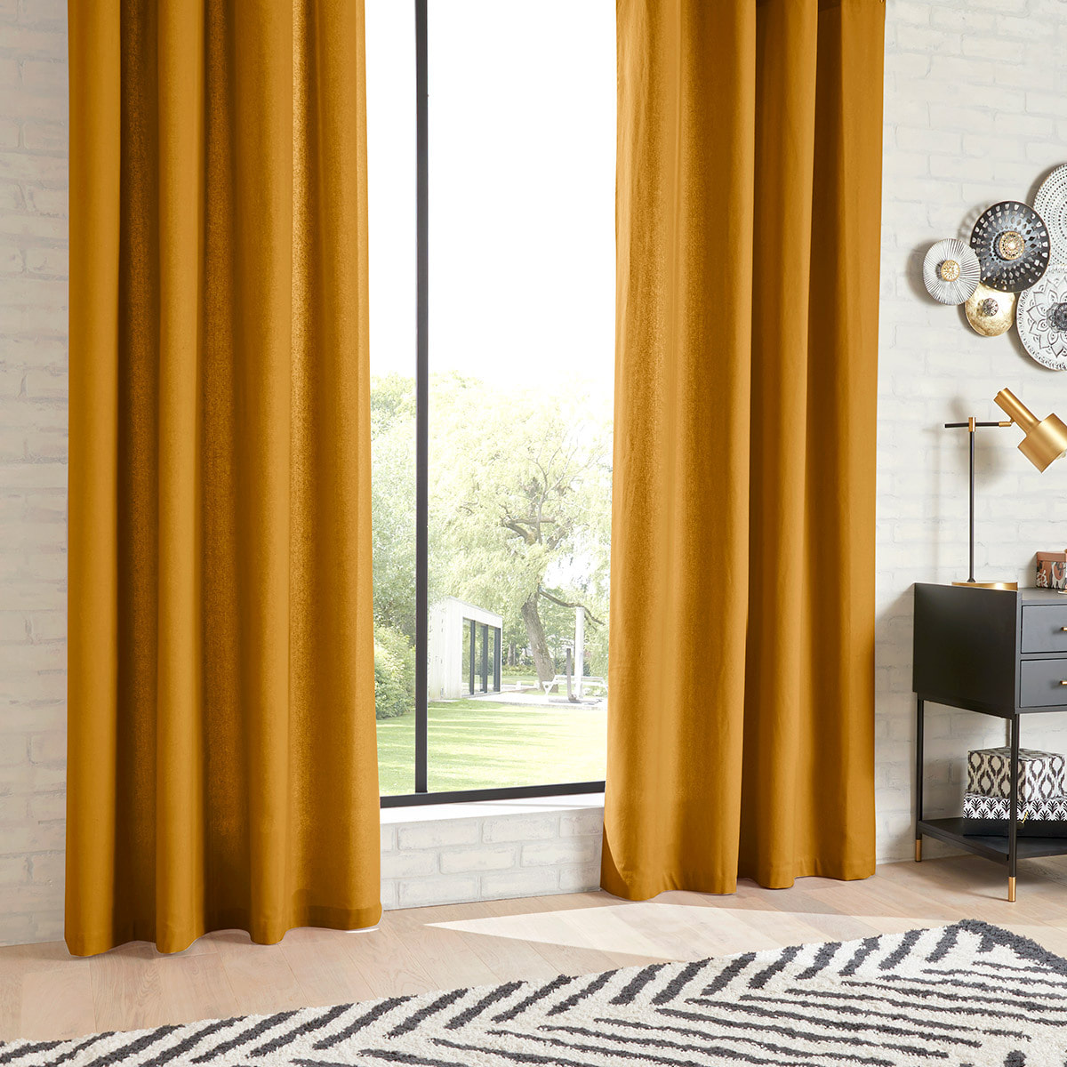 Rideau "Anjali" en coton & métal 135x240cm jaune ocre