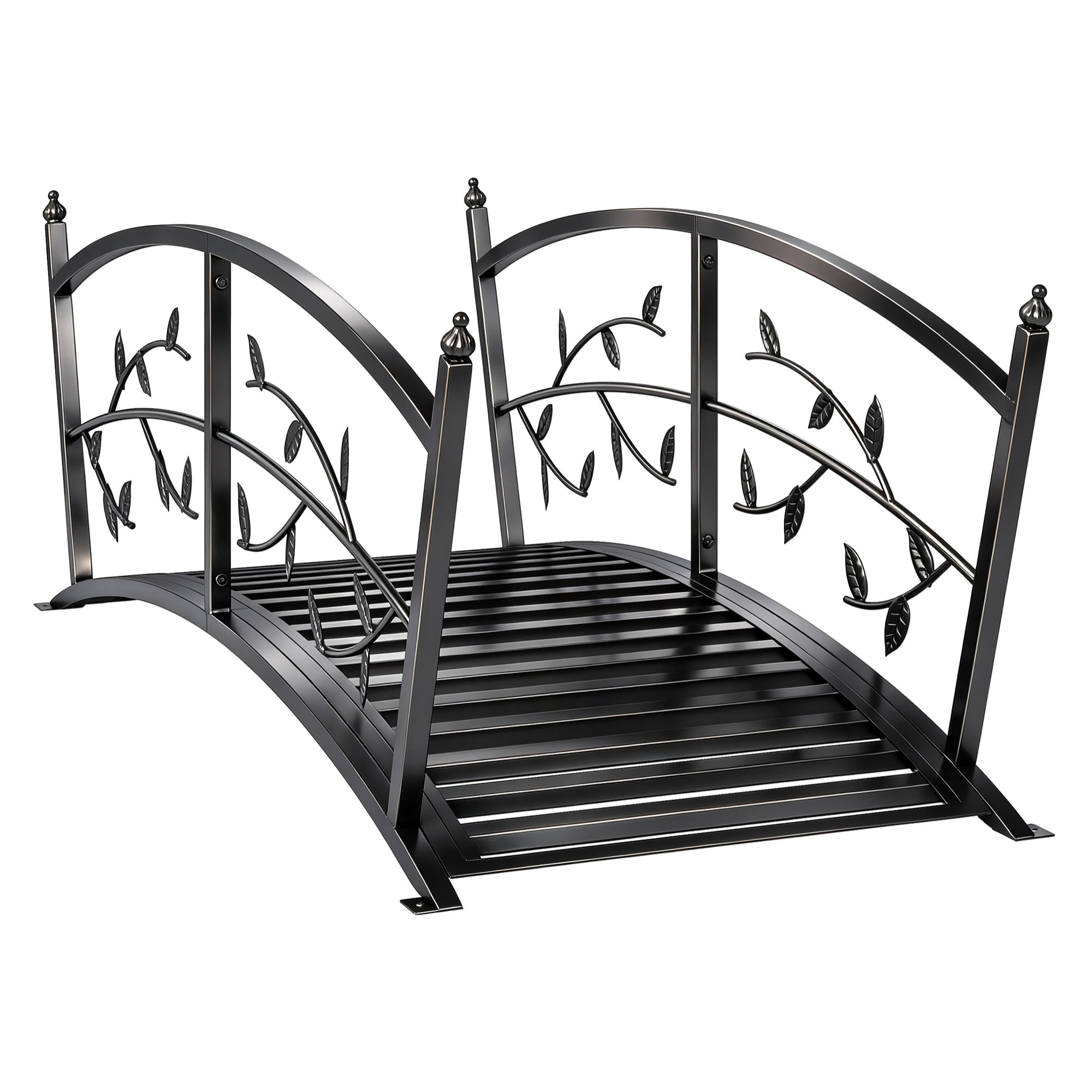 Puente de Jardín Metálico, 1,2 m, Puente Decorativo para Estanques con Barandillas de Seguridad y Diseño de Hojas, Carga 100 kg, Construcción Resistente, Fácil Montaje, Negro