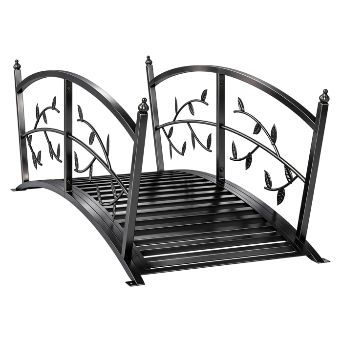 Puente de Jardín Metálico, 1,2 m, Puente Decorativo para Estanques con Barandillas de Seguridad y Diseño de Hojas, Carga 100 kg, Construcción Resistente, Fácil Montaje, Negro