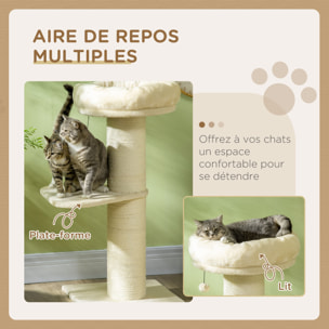 Arbre à chat griffoir sisal naturel 2 plateforme panier observation jeu boule suspendue peluche beige